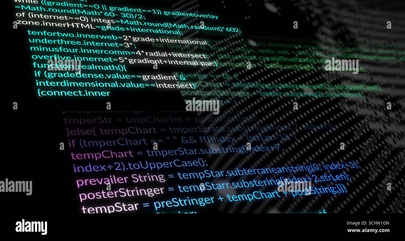 Rendering glowing code layers green and blue receding into dark virtual space, with syntax elements Stock Photo