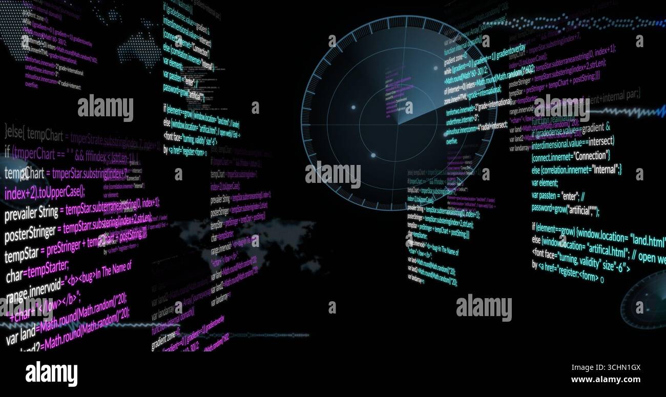 Displaying circular radar overlay scanning digital interface, with code streams and map, copy space Stock Photo