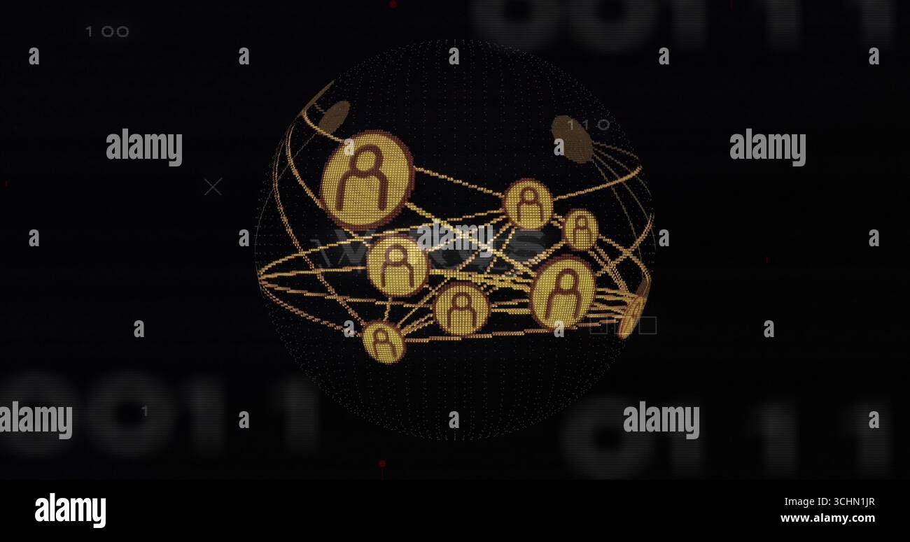 Rotating wireframe globe linking gold user icons with curved lines in network showing binary digits Stock Photo