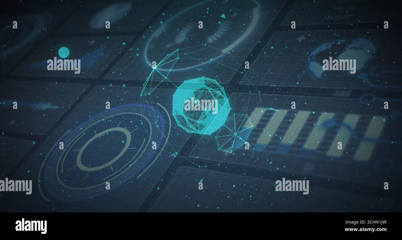 Floating central glowing 3D wireframe sphere in digital interface, with radar graph and bar chart Stock Photo