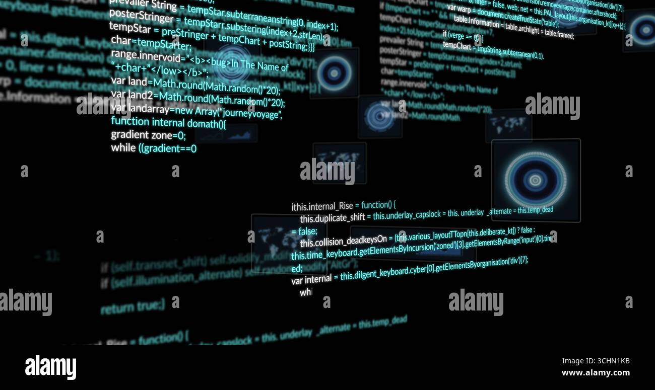 Displaying floating code blocks and UI panels in interface with circular targets and map thumbnails Stock Photo