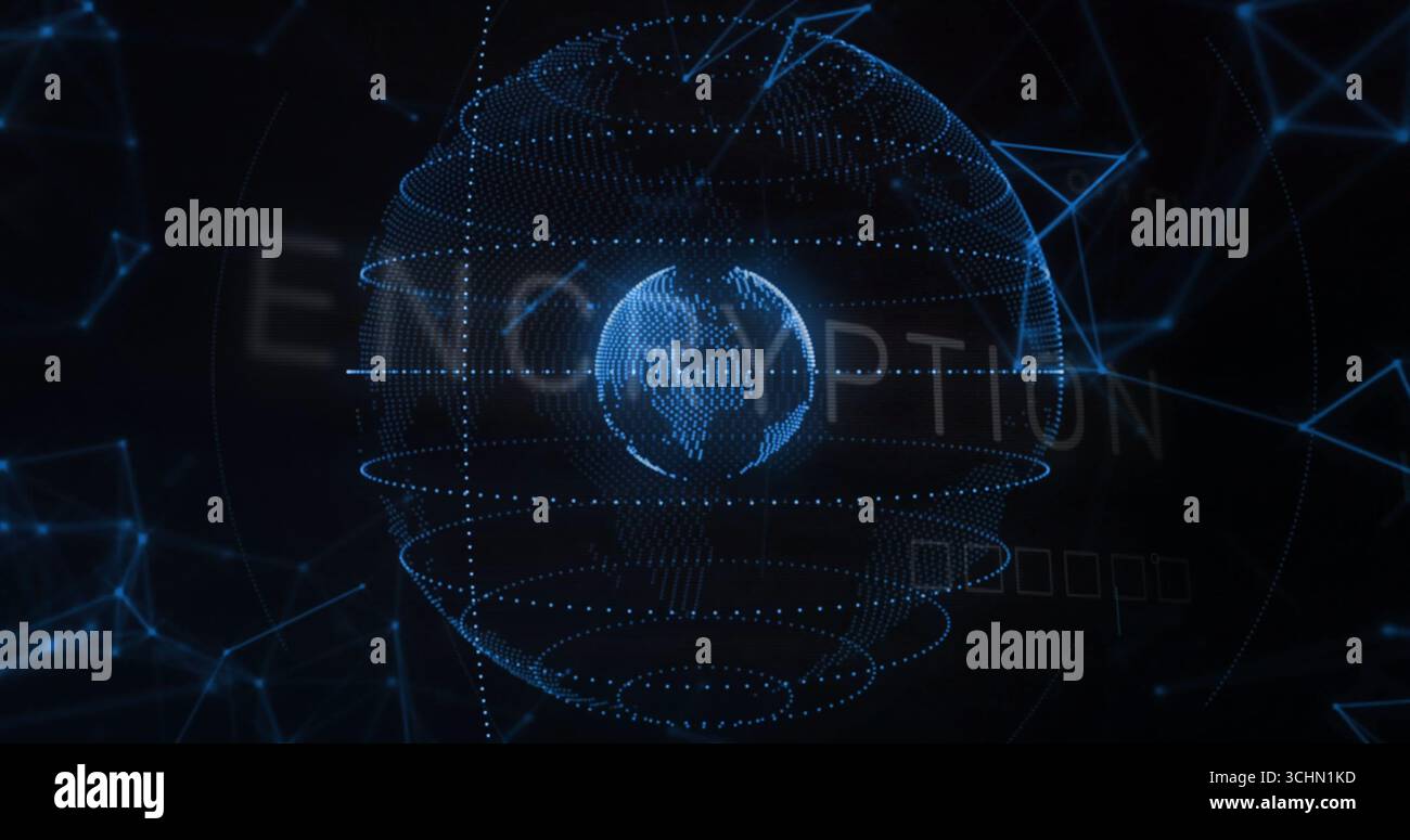 Displaying wireframe globe inside dotted sphere in dark cyberspace, with encryption text and nodes Stock Photo