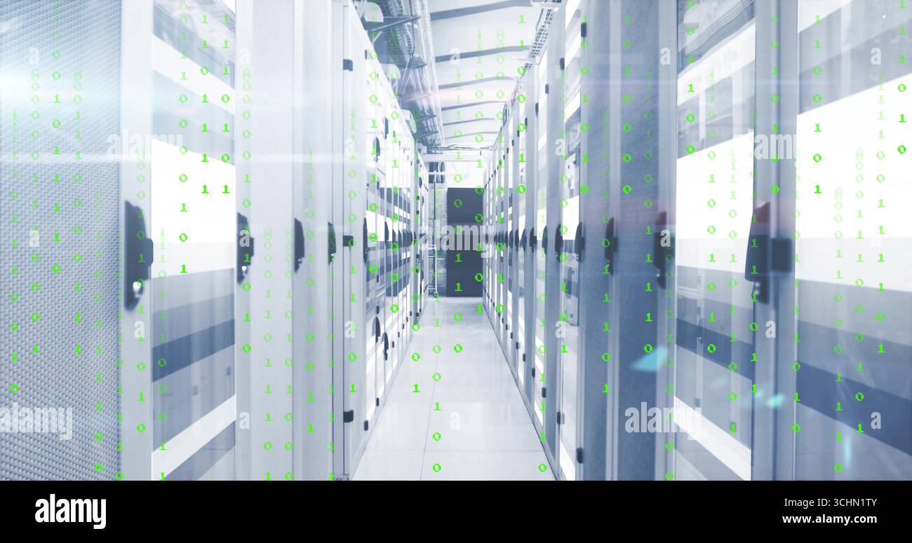 Displaying datacenter corridor hosting server rack cabinets and network switches, binary code flow Stock Photo
