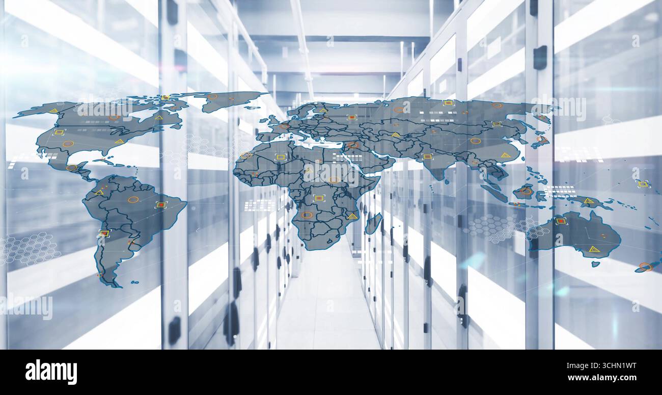 Displaying translucent world map scanning data center aisle, showing warning, data-transfer icons Stock Photo