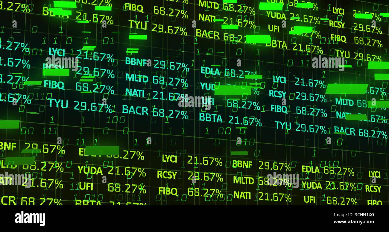 Displaying dark dashboard on trading terminal with ticker symbols highlight bars and binary code Stock Photo