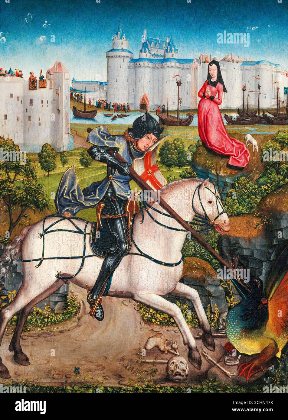 St George and the Dragon, painting in oil on panel by 15th Century French School, 1480-1490 Stock Photo