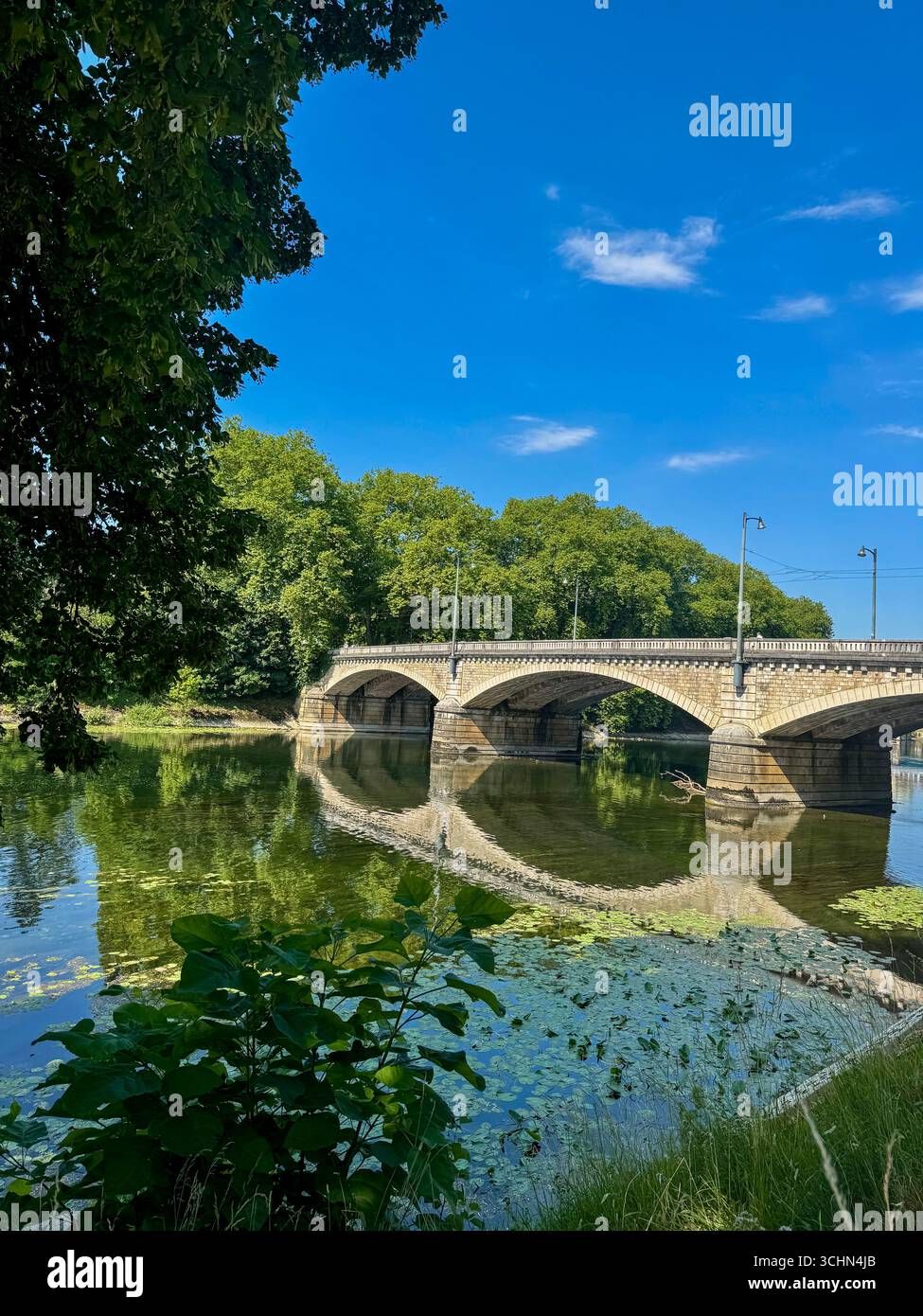 historic stone bridge reflected in the Doubs river under a clear blue sky,surrounded by greenery and water lilies, near Parc Micaud in Besançon,France - Smartphone Captured Stock Image
