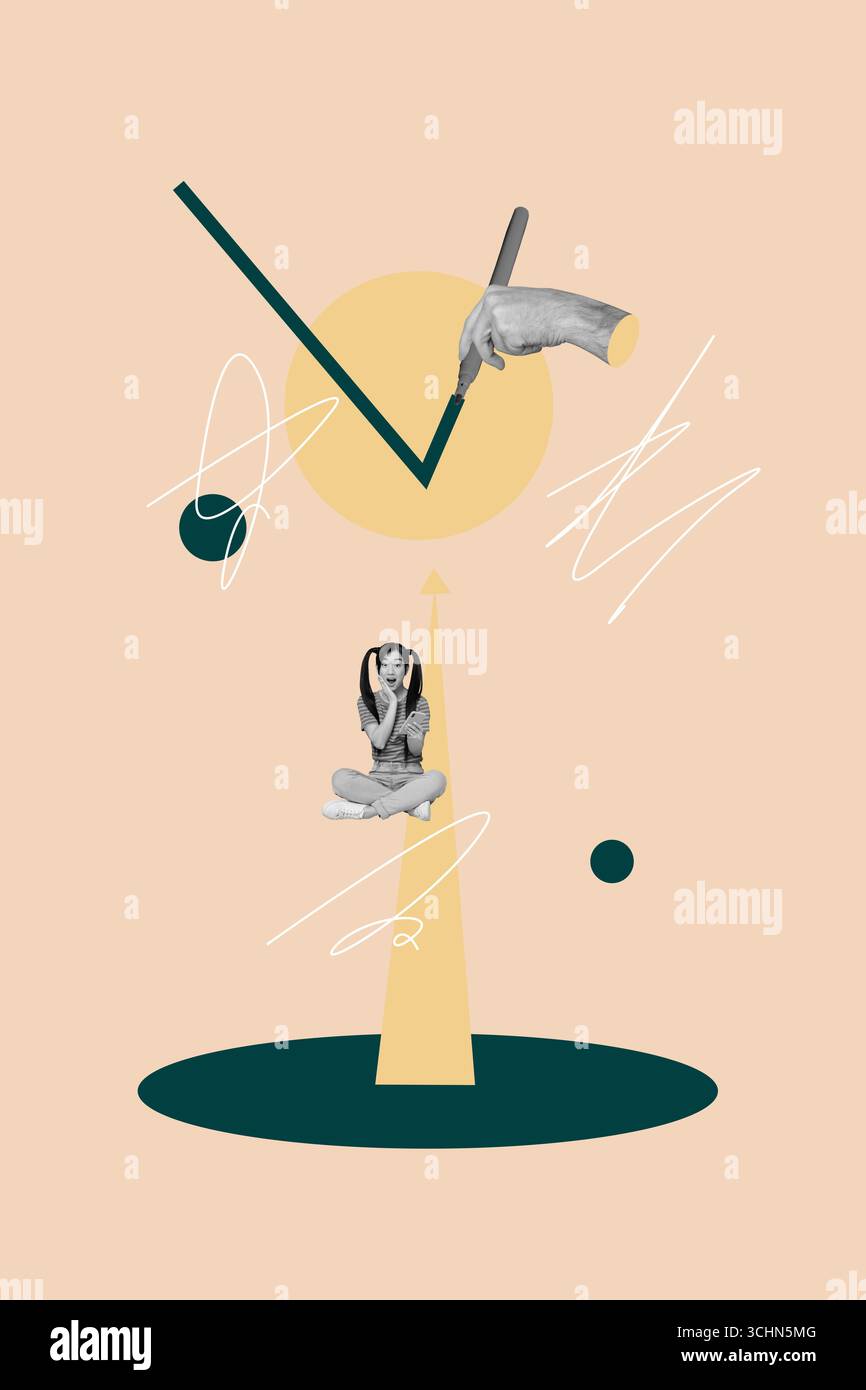 Poster trend collage of person stand sit arrows up drawing on pastel background Stock Photo