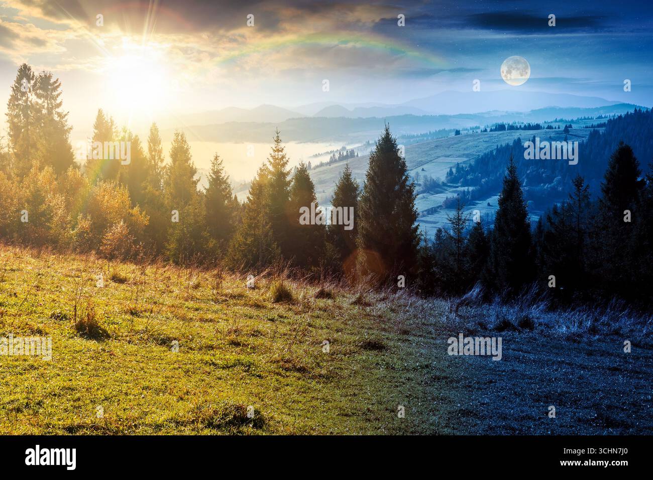 rural area in mountains on autumn equinox. day and night time change concept. wonderful highland with sun and moon at twilight observed from the hills Stock Photo