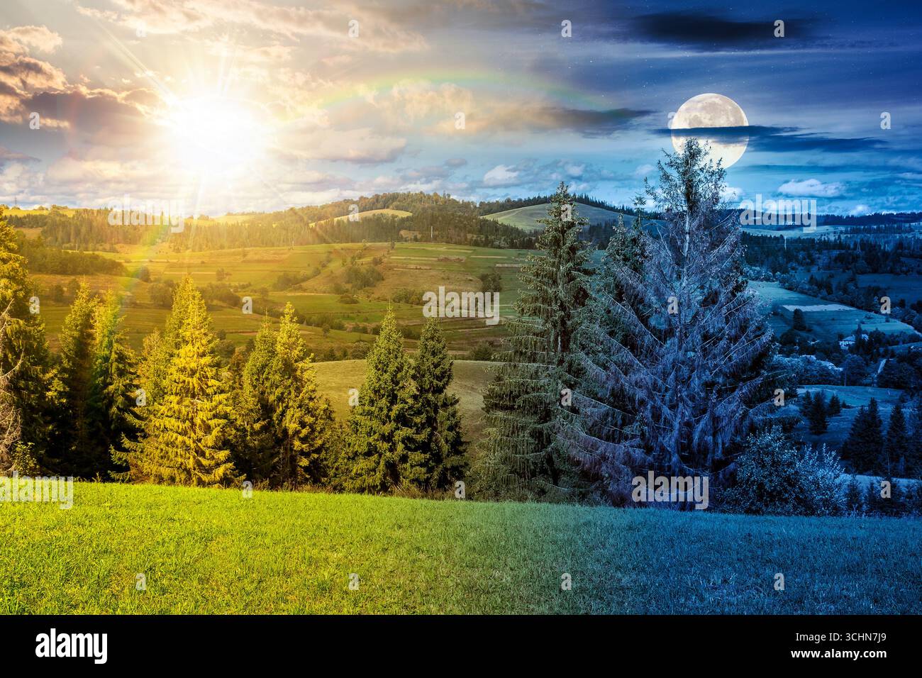 mountainous carpathian countryside landscape. day and night time change. scenic rural valley. grassy alpine meadow with sun and moon at twilight. fore Stock Photo