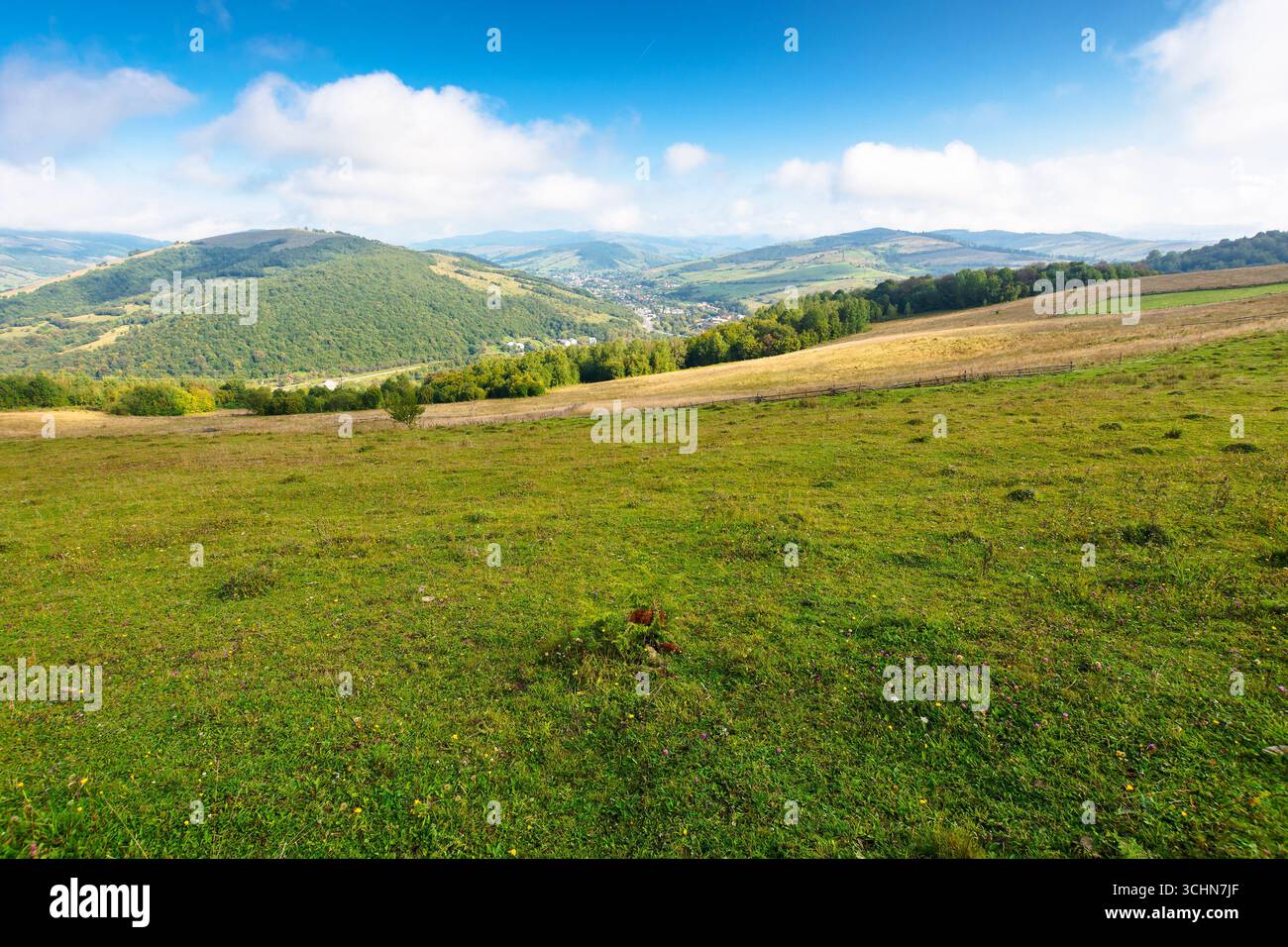 scenery with rural field on grassy hill of mountains. beautiful countryside landscape in ukrainian carpathians on a sunny day. scenic view of alpine p Stock Photo