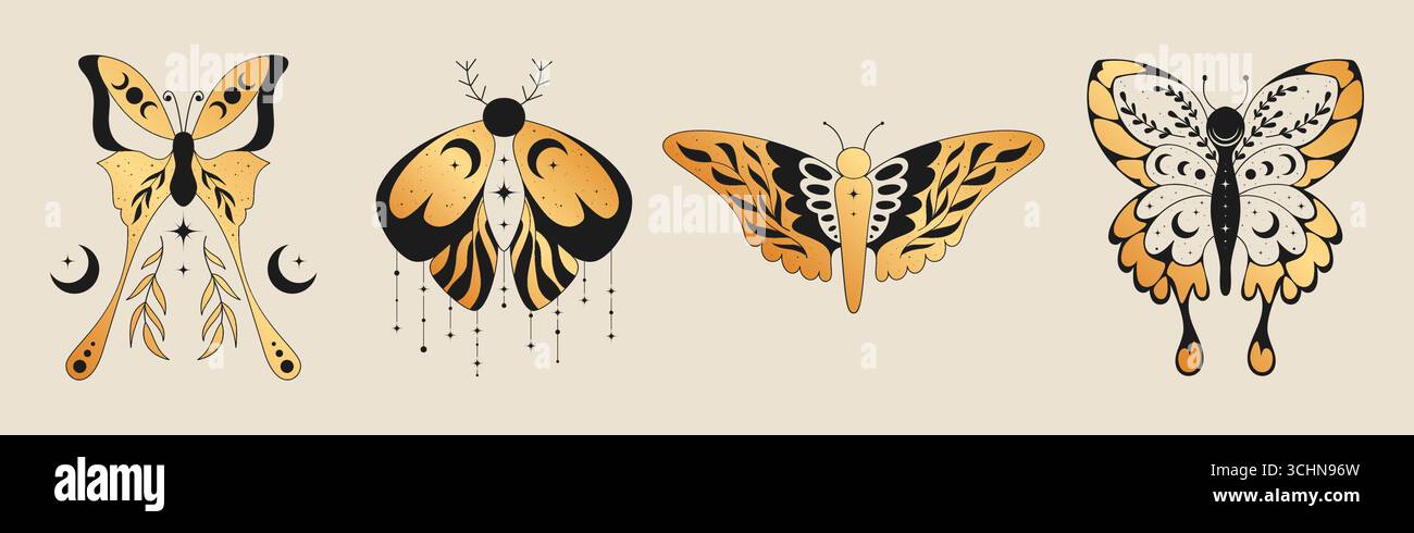 Mystical boho butterfly collection with moon phases and celestial ...