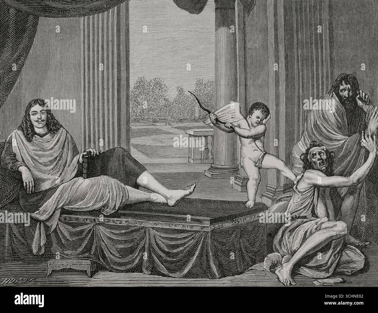 Molière evoking the genie of comedy to punish vice and unmask hypocrisy. Engraving by Huyot based on a painting discovered in Paris by the architect M. du Seigneur, attributed to Mignard or Lebrun. It was destroyed by fire on 24 May 1871. XVIIme siècle: lettres, sciences et arts, France 1590-1700 (17th century: letters, sciences and arts), by Paul Lacroix. Published in Paris by Librairie de Firmin-Didot et Cie, 1882. Stock Photo