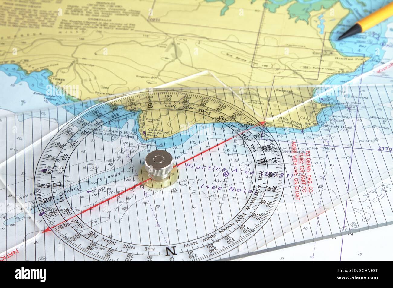 A Harries Bearing And Course Indicator Plotter Laying On A Nautical Navigation Marine Paper Chart Stock Photo
