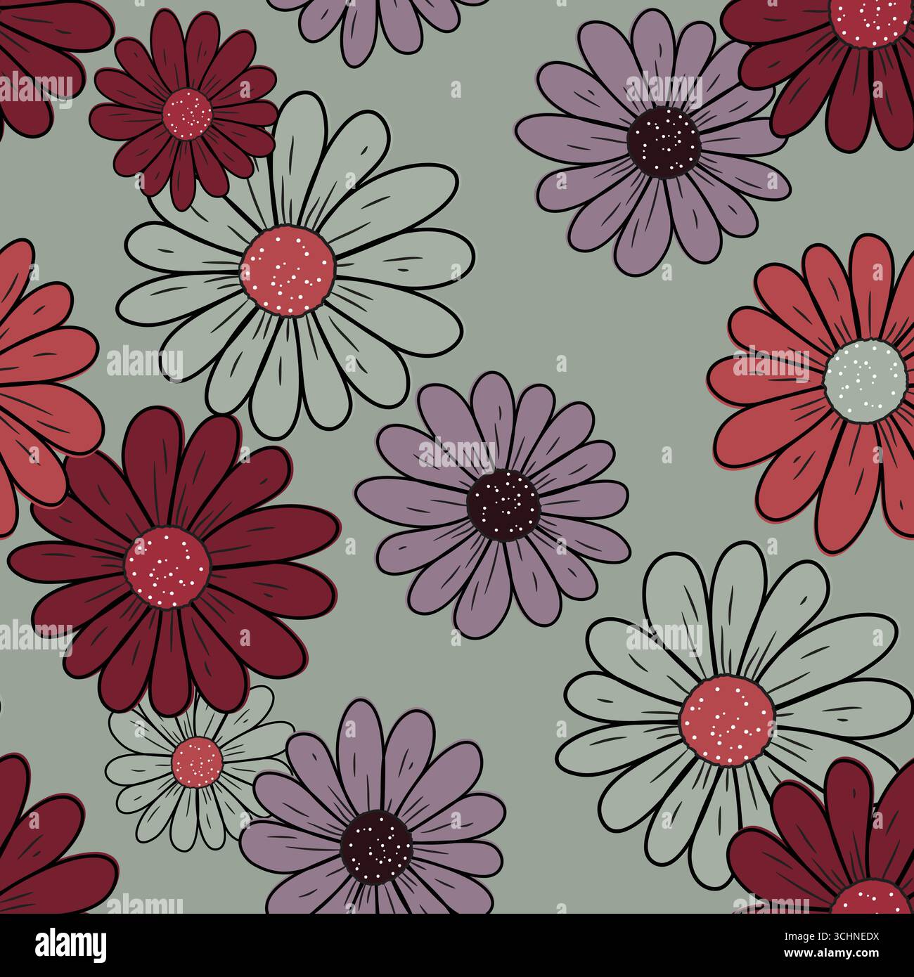Cute Daisy Floral Seamless Pattern, Hand-Drawn Flowers with Colorful Polka Dots Stock Vector