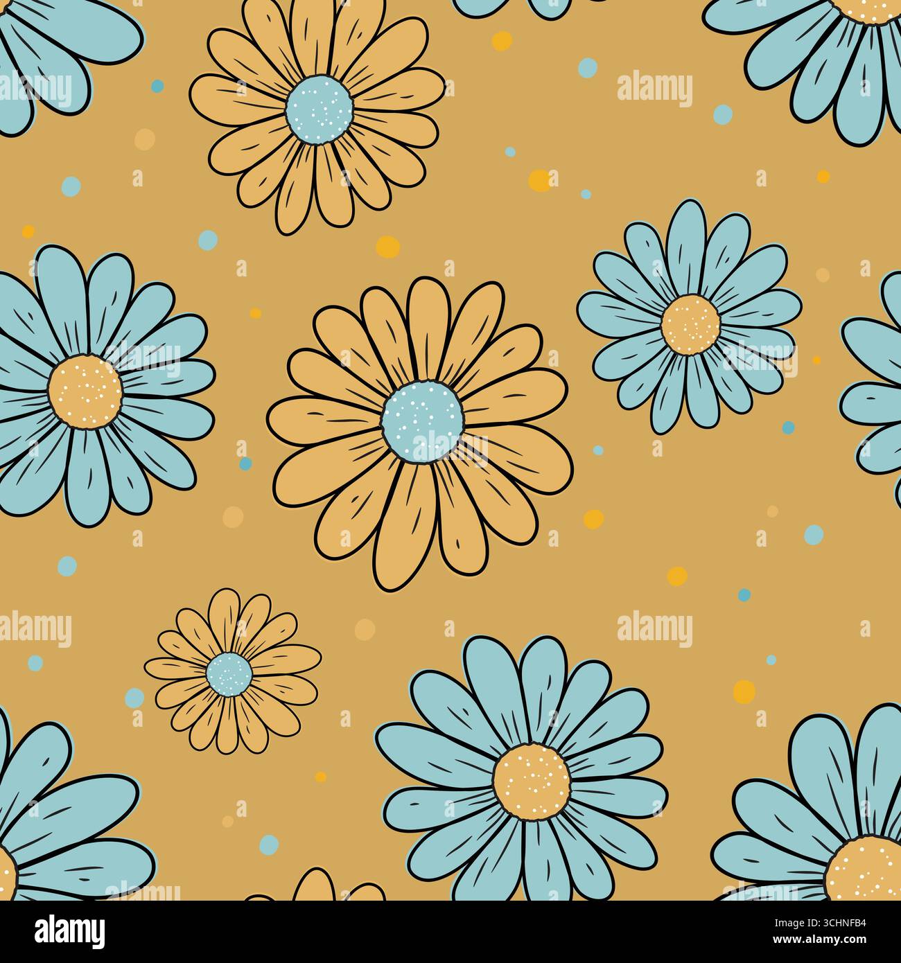 Cute Daisy Floral Seamless Pattern, Hand-Drawn Flowers with Colorful Polka Dots Stock Vector