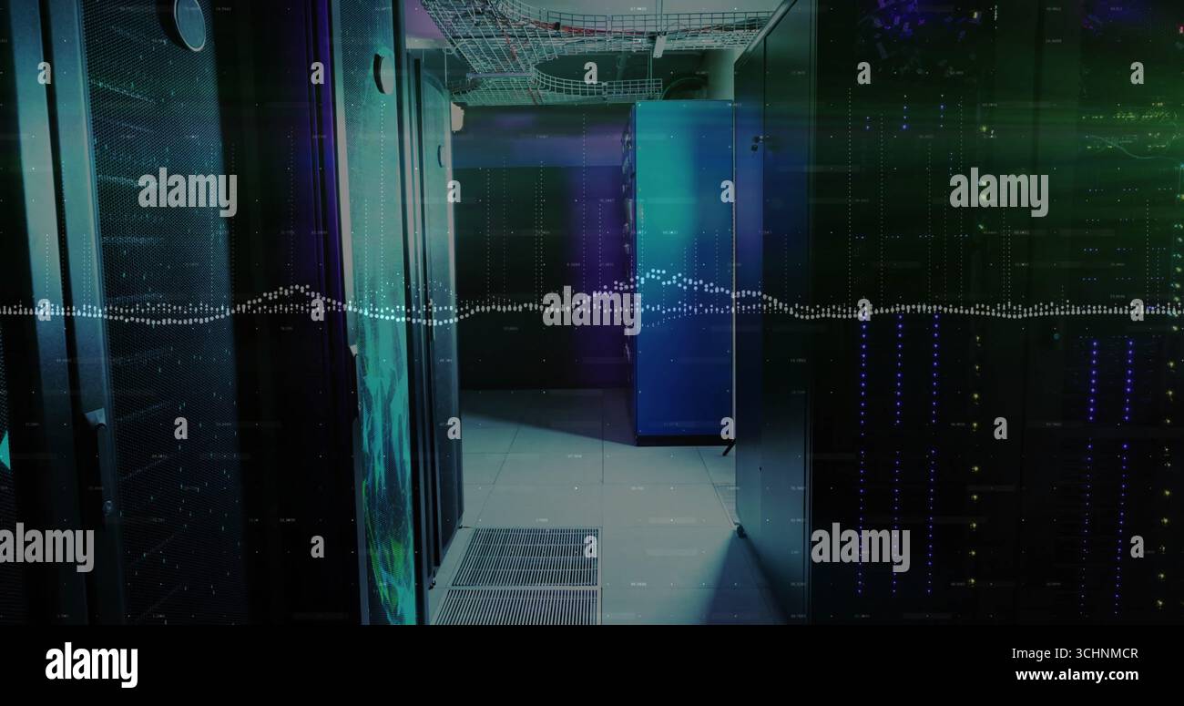Glowing server cabinets lining narrow data center corridor, with LED indicators and cable trays Stock Photo