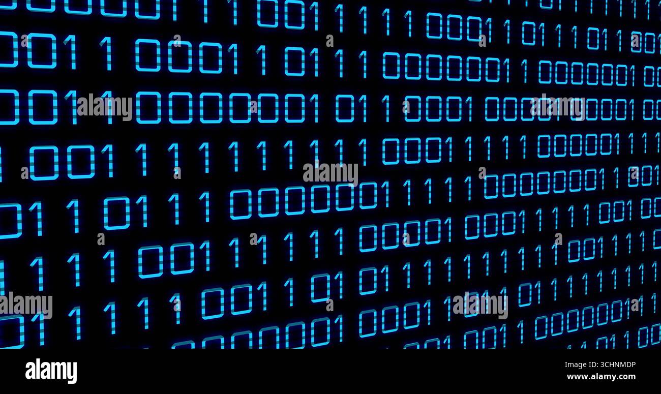 Displaying glowing binary code array forming grid on virtual screen, representing secure data Stock Photo