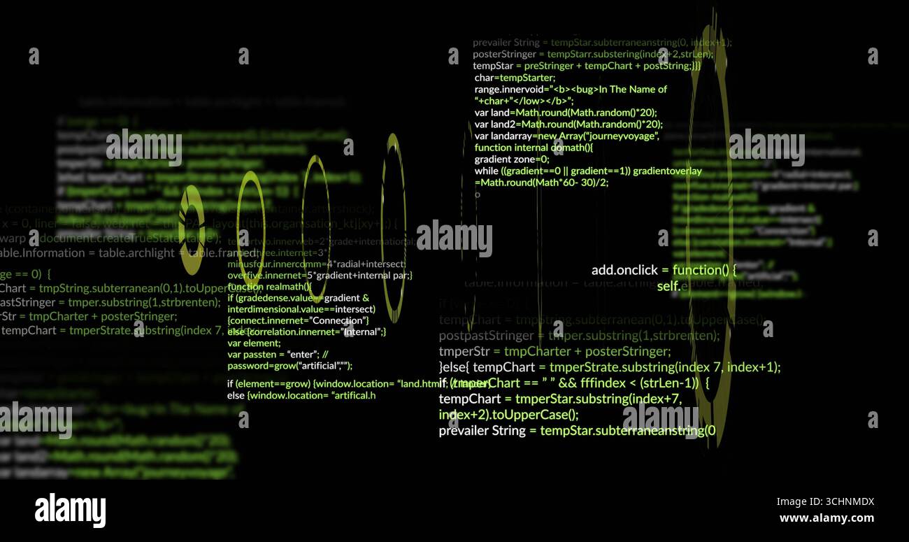 Showing green waveform overlaying code editor interface on computer screen with syntax highlighting Stock Photo