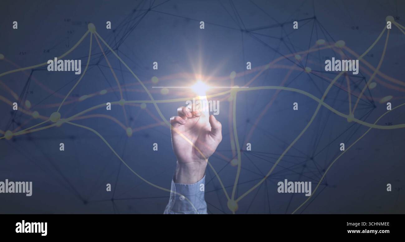 Touching hand in blue shirt reaching toward glowing node in virtual interface, with network overlay Stock Photo