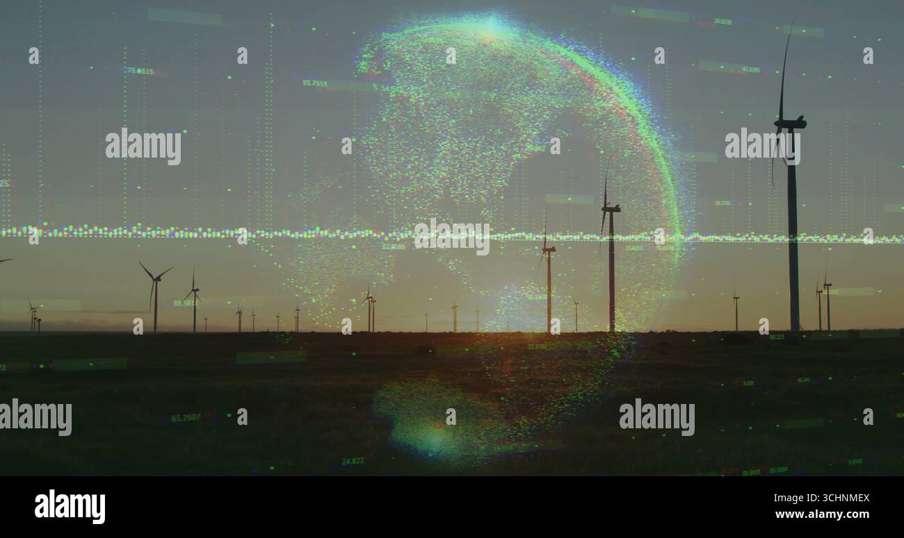 Displaying digital globe hologram hovering over wind turbines at dusk, with data points, code lines Stock Photo