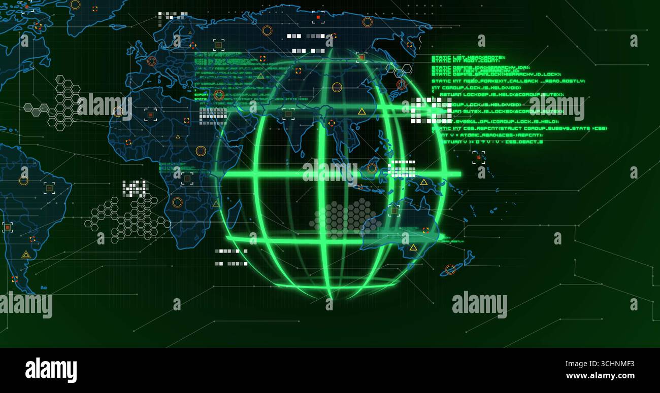 Green wireframe globe spinning on world map interface with code blocks, hex grids, icons, lines Stock Photo