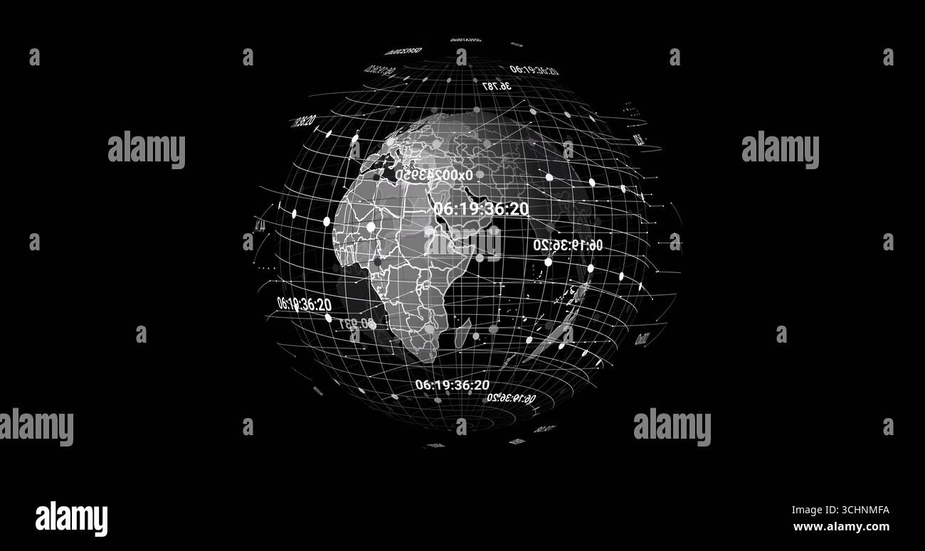 Rotating globe displaying lat-long grid in virtual interface, with floating timestamps and nodes Stock Photo