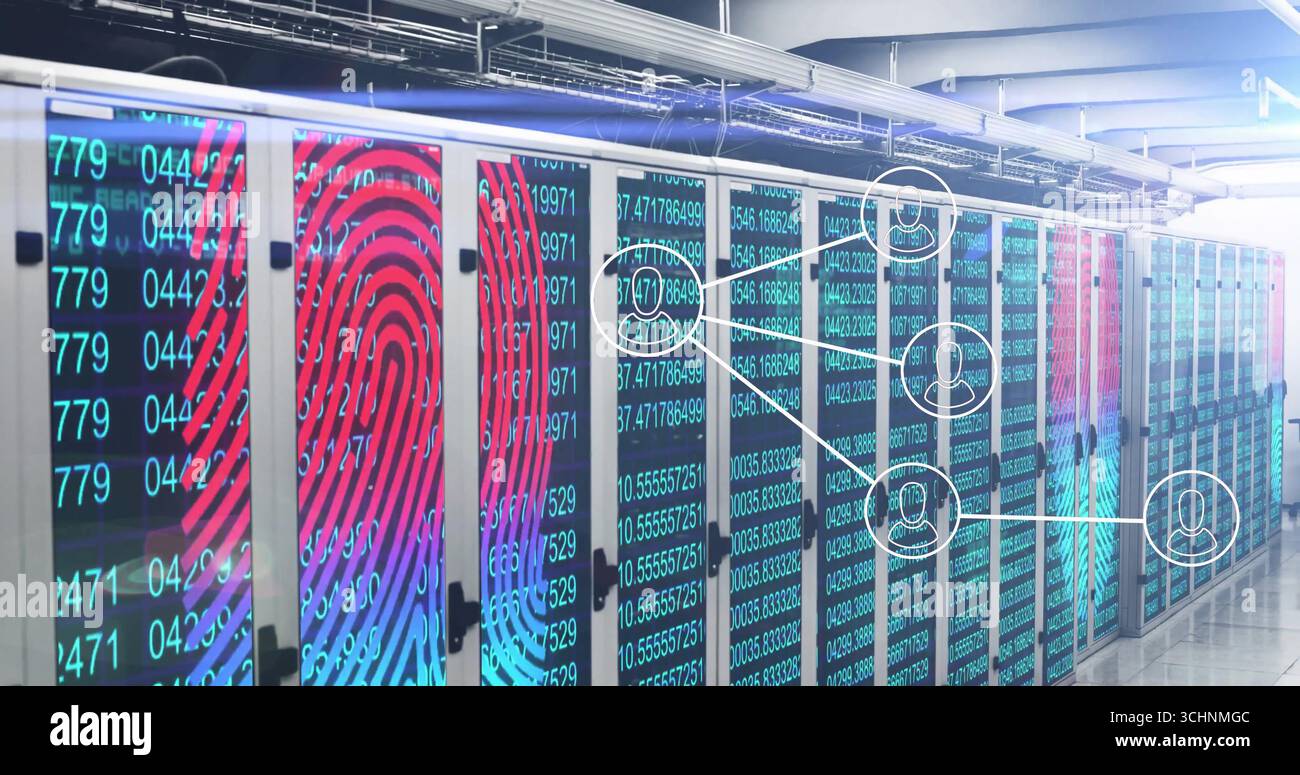 Server racks glowing and displaying code panels in data center, with biometric fingerprint overlays Stock Photo