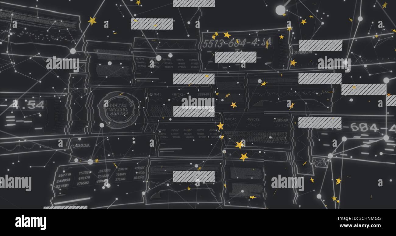 Displaying data network diagram showing nodes, striped code blocks, and ...