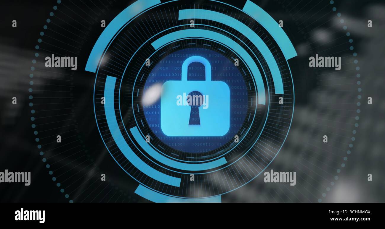Showing blue padlock icon hovering over security interface, with UI arcs and binary code streams Stock Photo