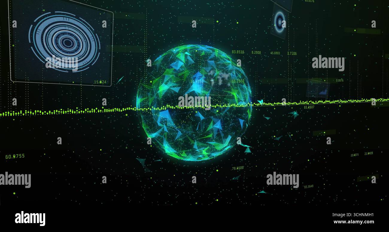 Rotating glowing digital sphere with mesh particles in data interface, numeric labels and waveform Stock Photo