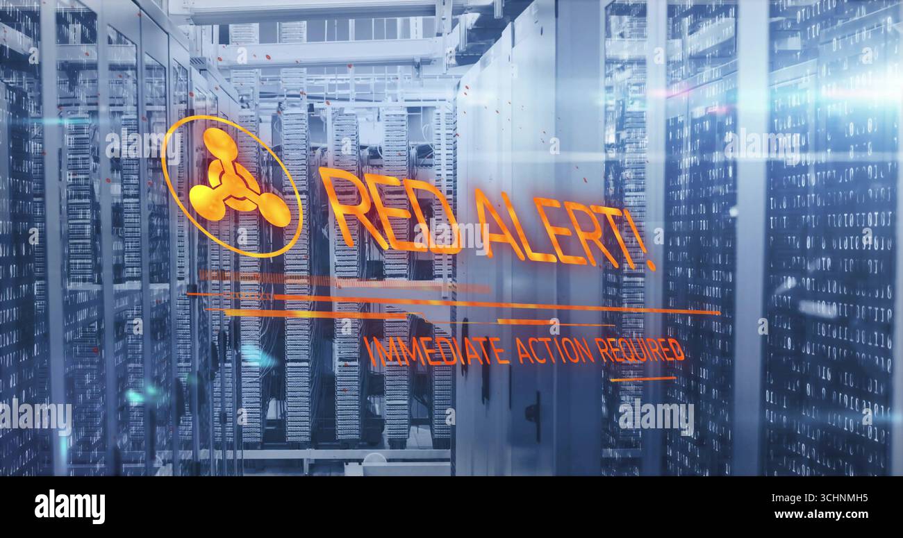 Displaying digital warning overlay over server racks in data center, with LEDs and network cables Stock Photo