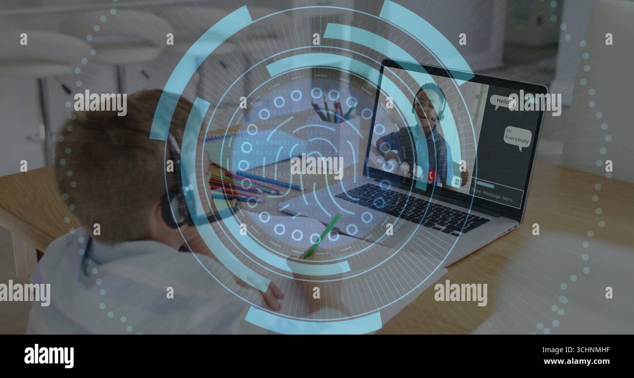 Sketching boy with pencil while chatting on laptop at desk with fingerprint overlay, copy space Stock Photo