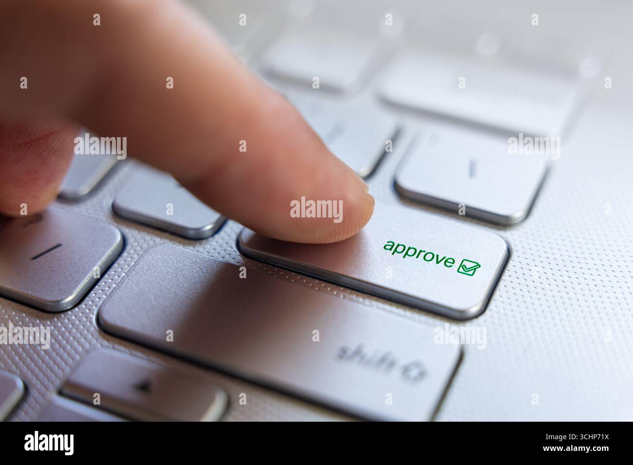 Finger On Approve Keyboard Button Key To Press Online For Confirmation Workflow, Macro Closeup Interface Stock Photo