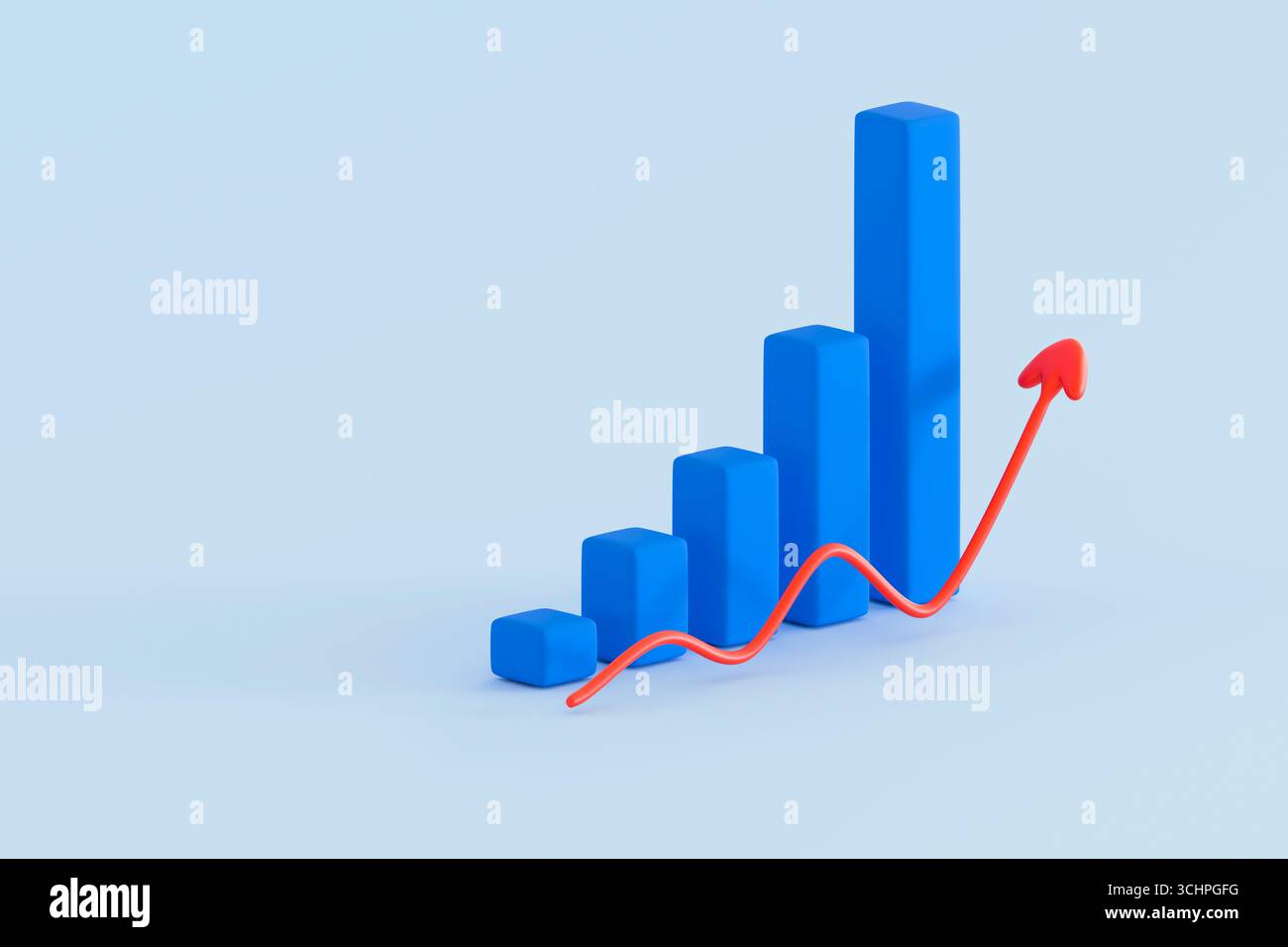 Blue 3D bar chart with a red arrow rising across the bars. Represents ...