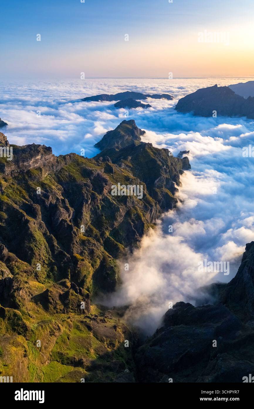 Aerial view of the mountains and trails leading to Pico Pico do Arieiro during a spring sunset. Madeira island, Portugal. Stock Photo