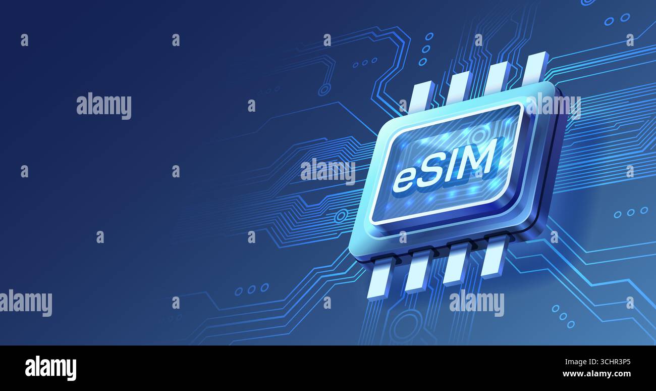 E-Sim chip banner, mobile communication with the operator. Vector Stock Vector