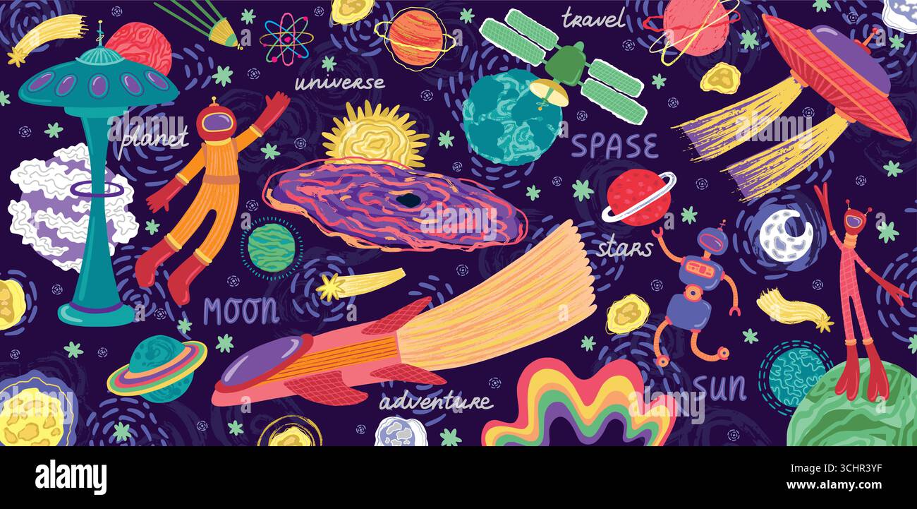 Cute space. Galaxy rocket. Astronaut spaceship. Baby alien shuttle. Moon and stars. Childish planets. Children cosmic UFO. Universe discovery. Cosmonaut adventure. Vector doodle astronomy stickers Stock Vector