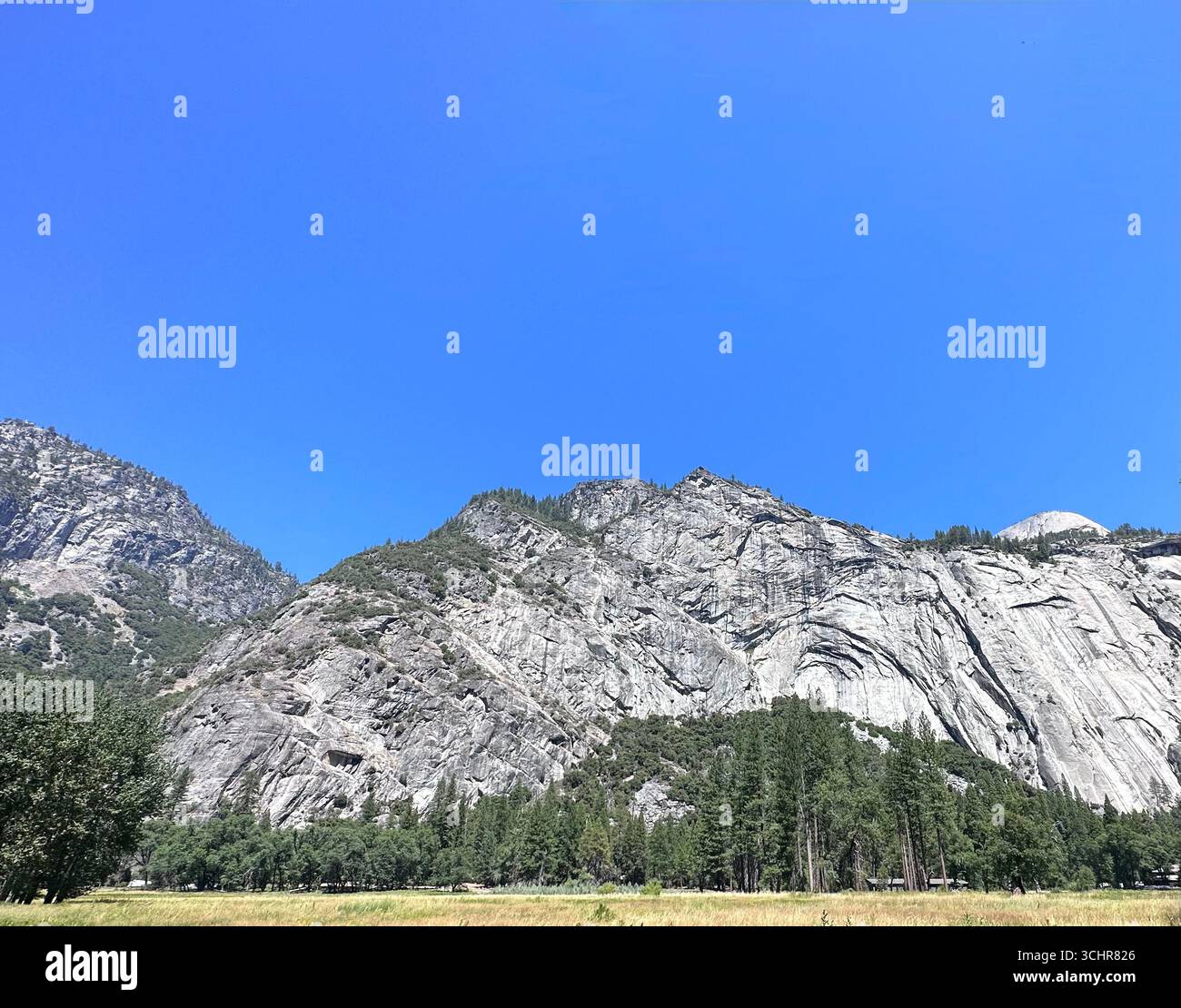 Yosemite Falls cascading down the granite cliffs with green trees and meadow in the foreground, Yosemite National Park, California, - Smartphone Captured Stock Image