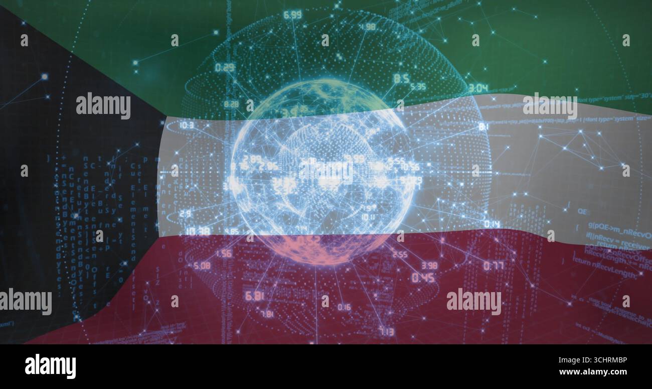 Displaying Kuwaiti flag in cyberspace featuring holographic globe with floating code, network nodes Stock Photo
