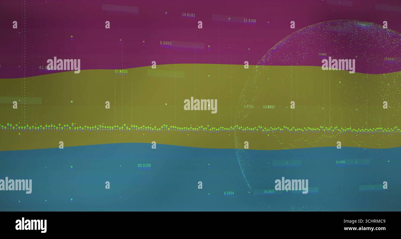 Displaying three data bands in abstract plot, with central dotted line, labels and dotted sphere Stock Photo