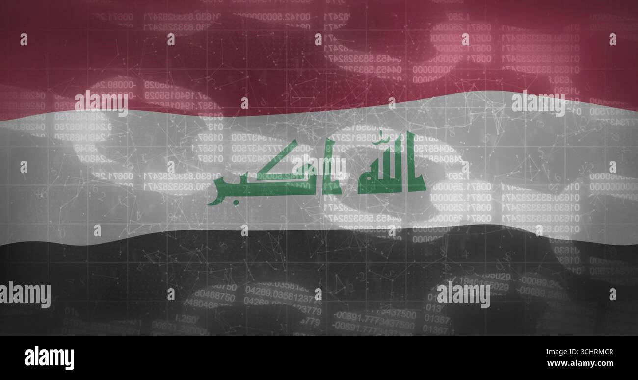 Displaying Iraqi flag with Kufic script in digital backdrop featuring code and circuit lines Stock Photo