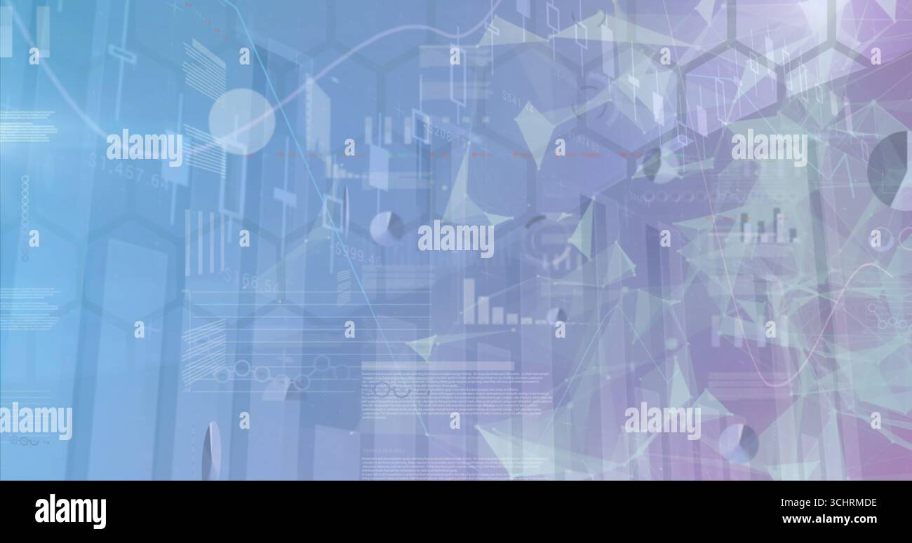Data dashboard displaying translucent bar charts, line graphs and network nodes on control panel Stock Photo