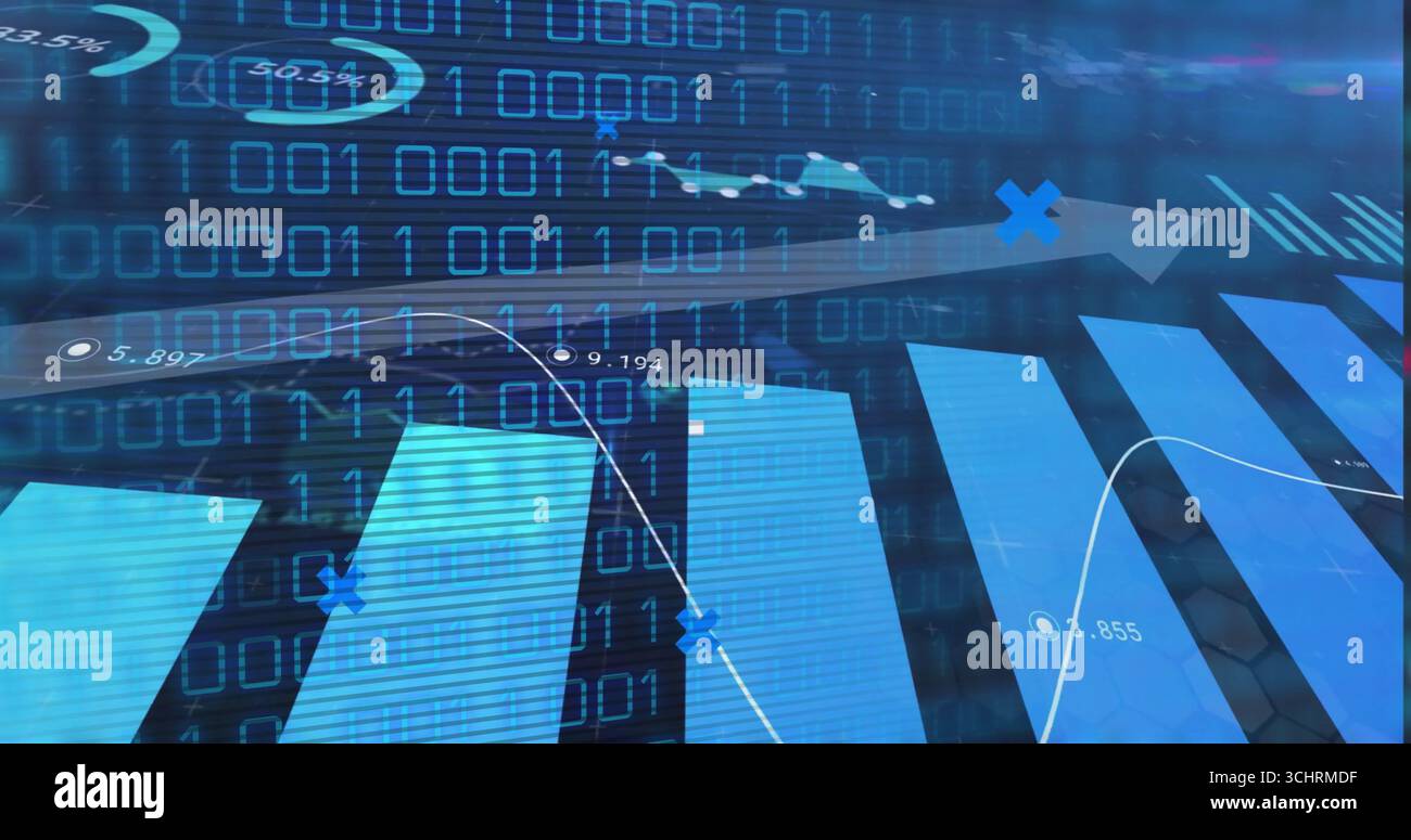 Displaying blue bars rising at center on digital dashboard, with binary code and white line graph Stock Photo
