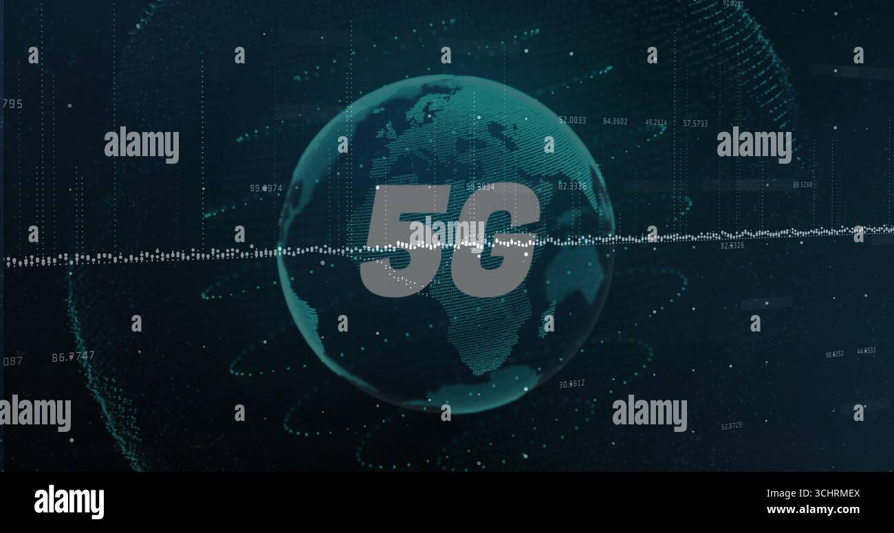 Rotating green globe displaying 5G overlay in virtual network, with waveform and floating data Stock Photo