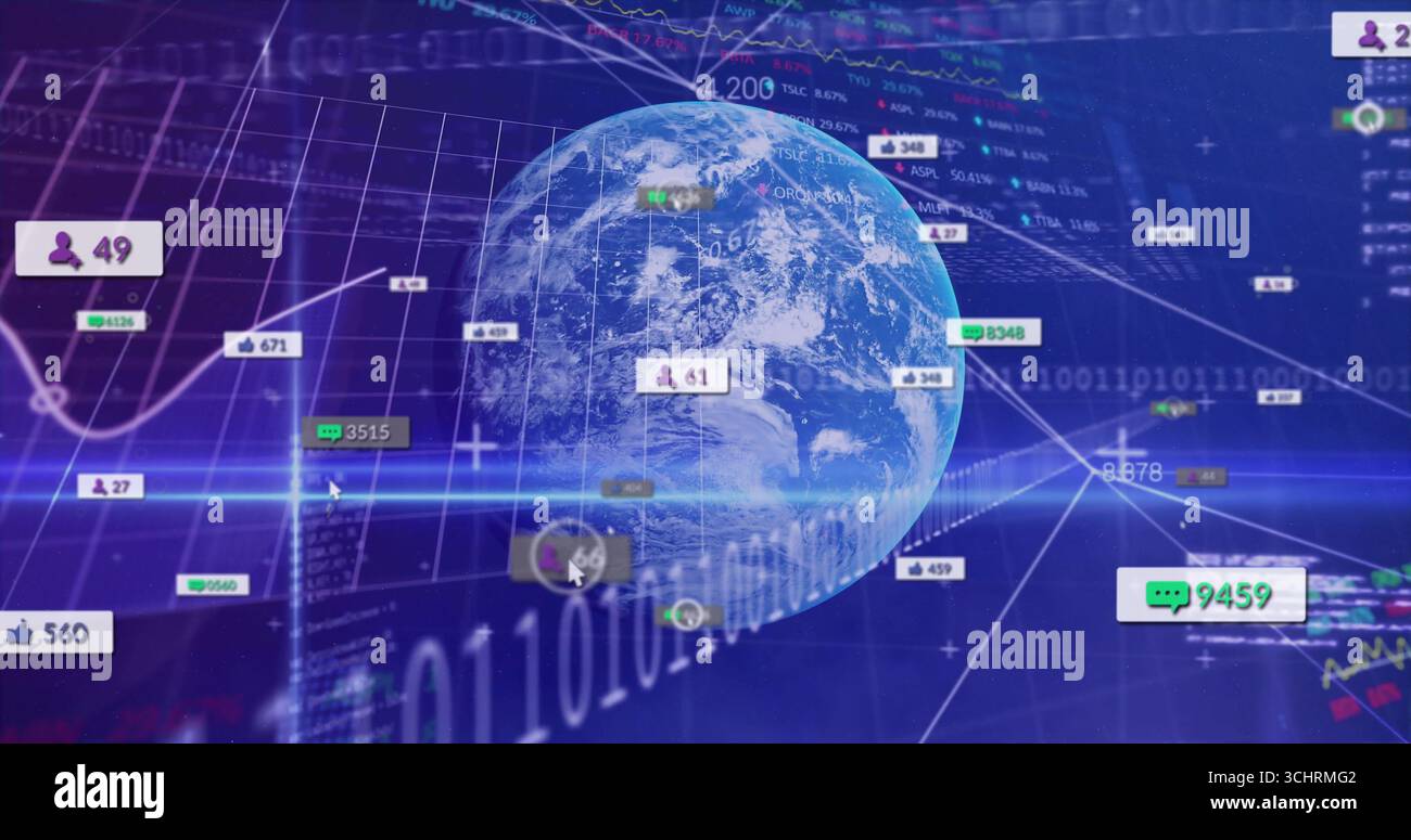 Displaying 3D Earth globe rotating in network, showing social icons, analytics graphs, binary code Stock Photo