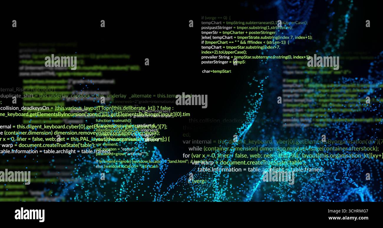 Displaying 3D particle network flowing in data visualization scene, with semantic code overlay Stock Photo