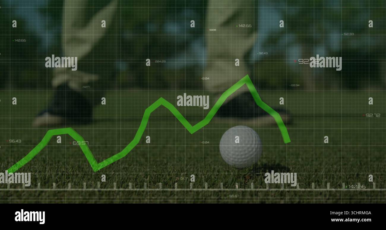 Displaying numeric graph, grid overlay over white golf ball on tee and golf shoes on green Stock Photo