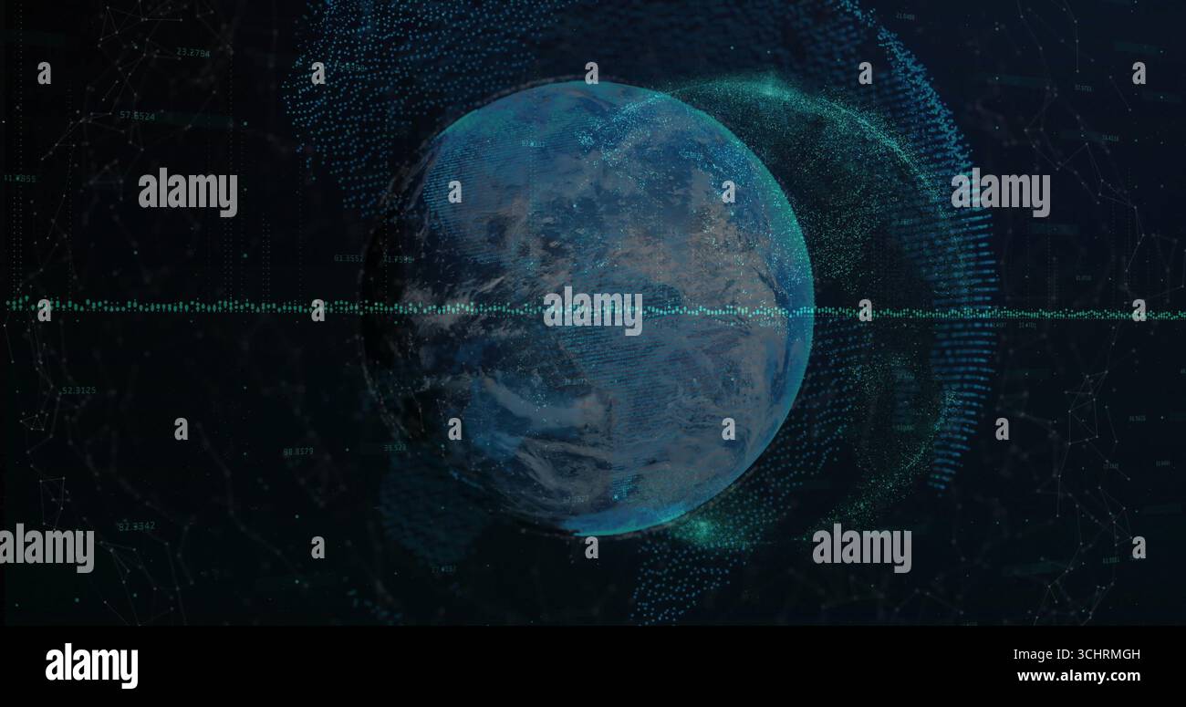 Displaying holographic globe glowing in data grid network, with waveform pulses and numeric labels Stock Photo