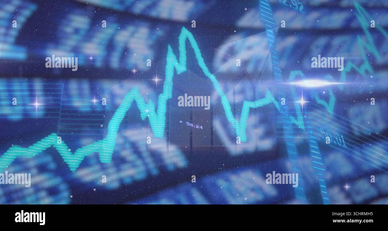 Displaying glowing turquoise line chart fluctuating on dashboard, with blurred numeric data flares Stock Photo